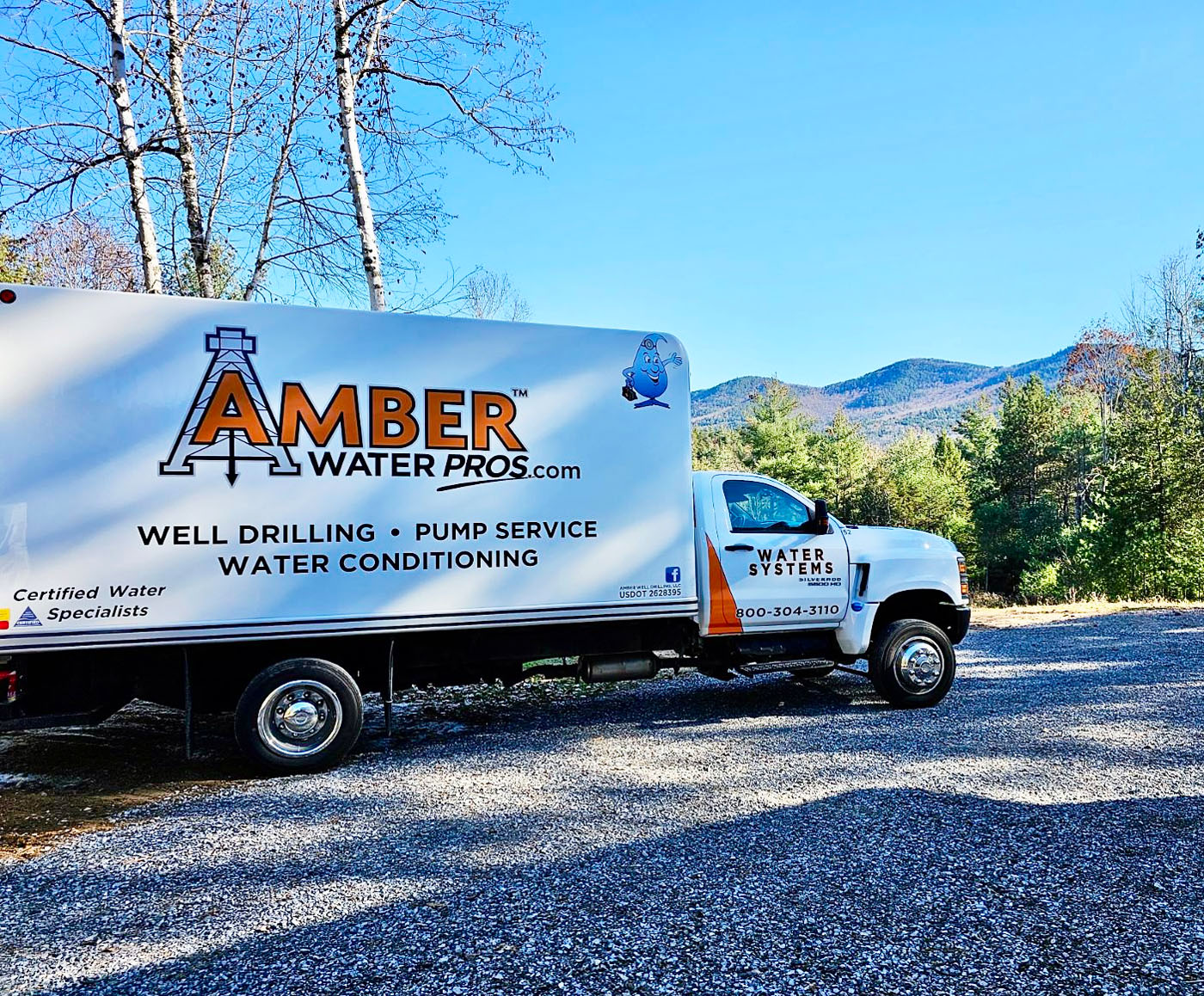 A Amber Water Pros truck, the top water well drilling contractor in Upstate NY & NE PA.
