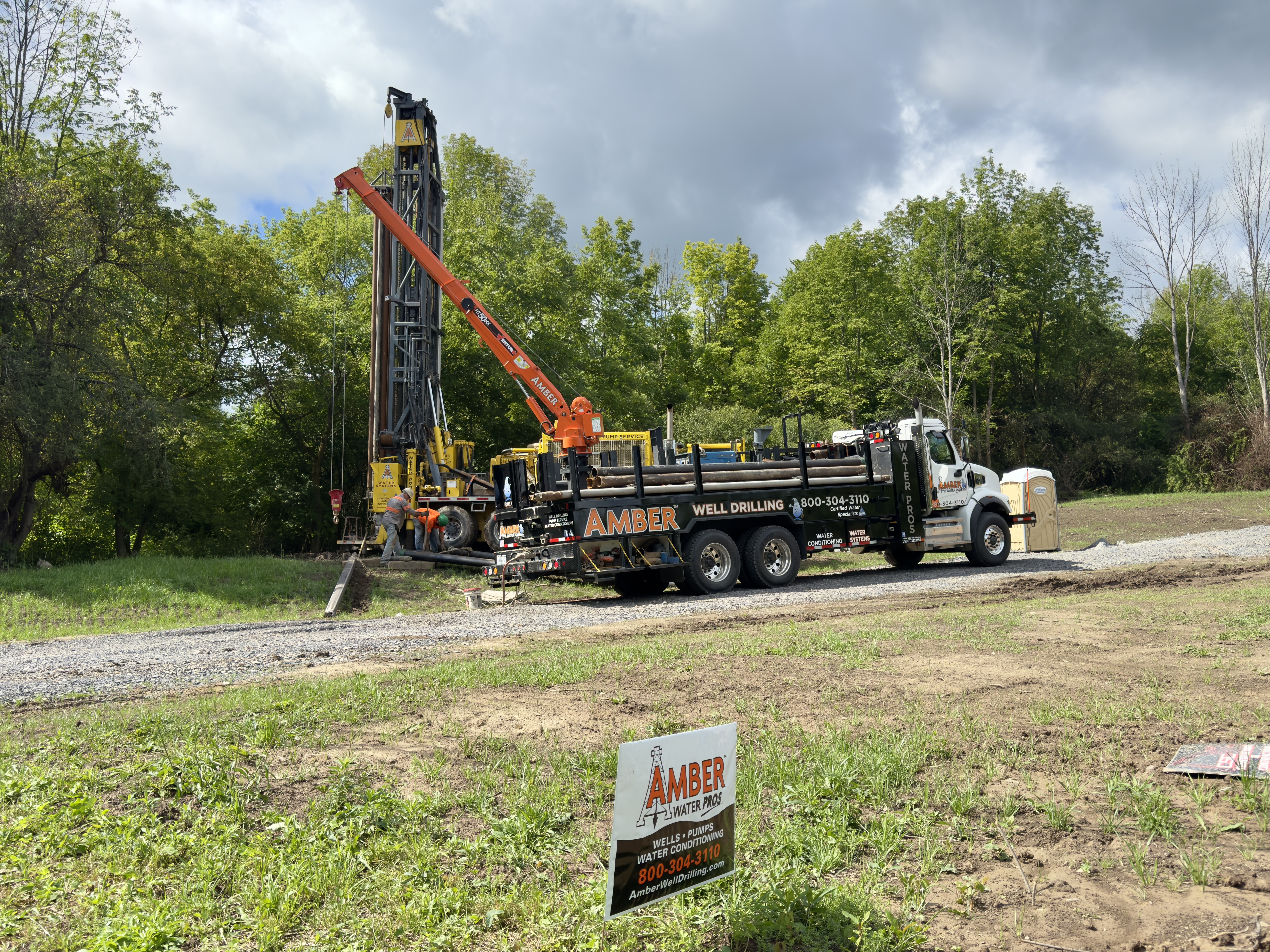 A water well being installed by trucks from Amber Water Pros, an Upstate NY & NE PA well installation company.